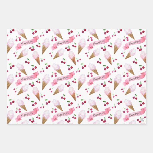 パーソナライズされたお洒落さくらんぼアイスクリームピンクレッド ラッピングペーパーシート (正面3)