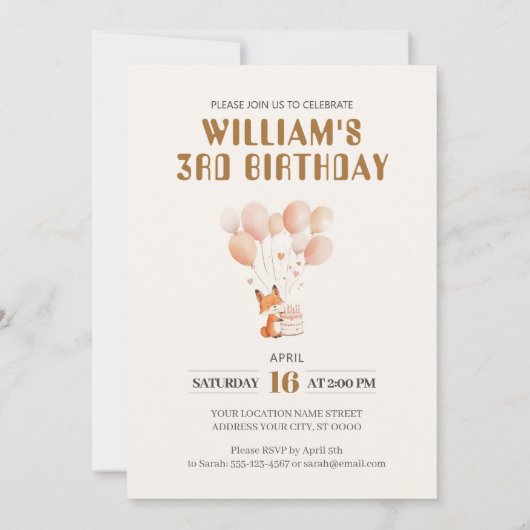 パーソナライズされたお洒落キツネとバルーン誕生日 招待状 (裏面)