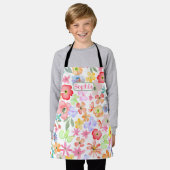 パーソナライズされたお洒落可愛い水色フローラ エプロン (着用した状態)