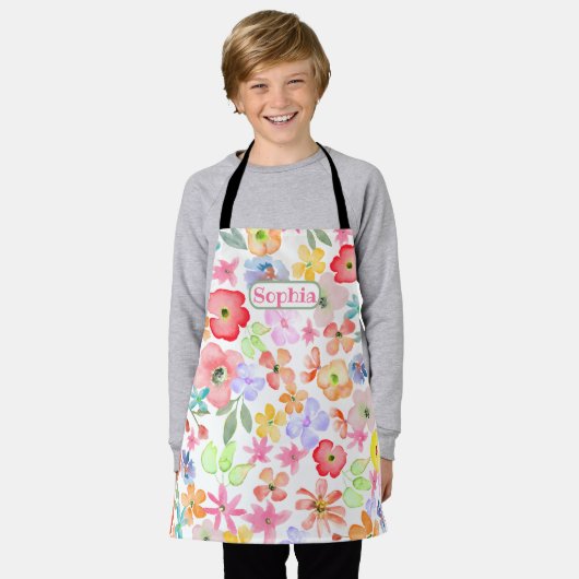 パーソナライズされたお洒落可愛い水色フローラ エプロン (着用した状態)