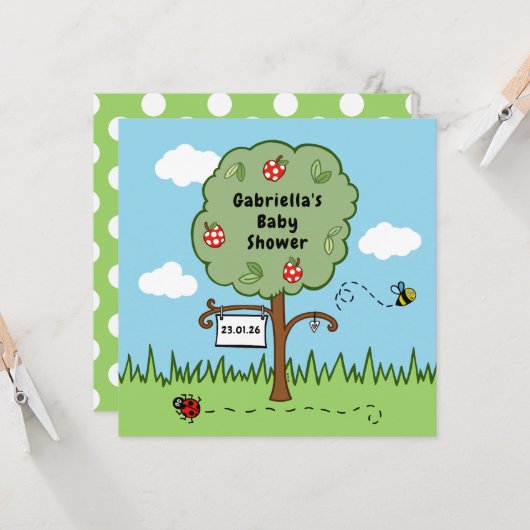 パーソナライズされたお祝いツリーベビーシャワー招待状 (正面/裏面インサイチュ)