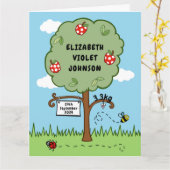 パーソナライズされたお祝いツリー生まれたばかりの新生児 カード (黄色い花)