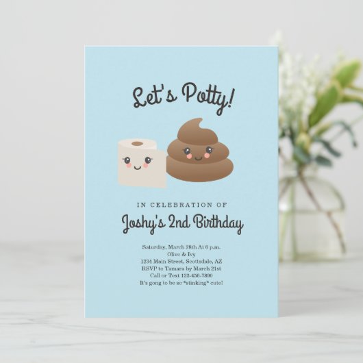 パーソナライズされたかわいいうんち＆トイレットペーパーパーティー 招待状 (スタンド正面)