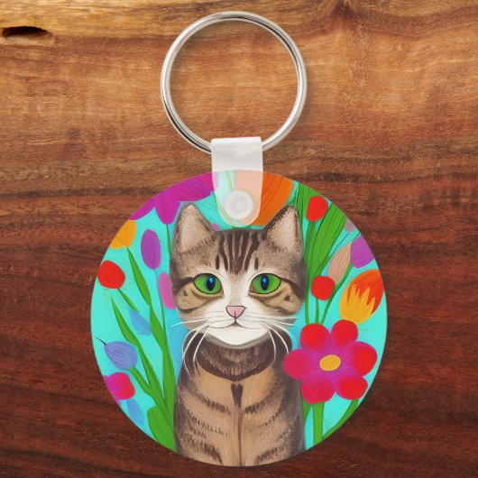 パーソナライズされたかわいいグレーカラフル猫 キーホルダー (正面)