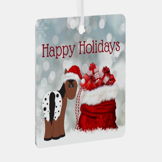 パーソナライズされたかわいいサンタホースとギフトクリスマス メタルオーナメント (正面右)