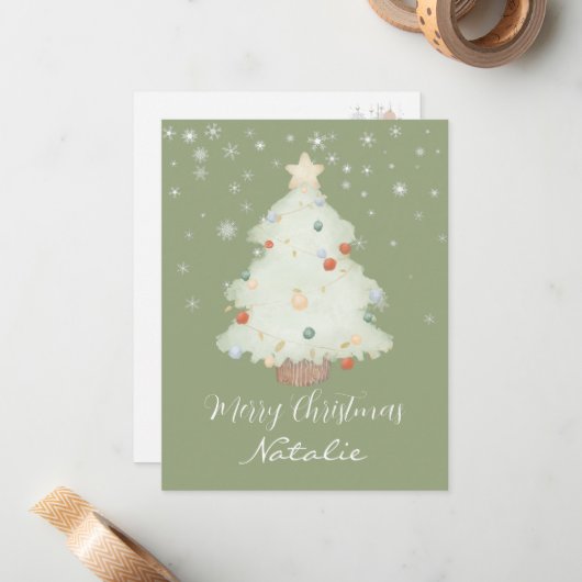 パーソナライズされたかわいいセージグリーンのクリスマスツリーの雪 ノートカード (正面/裏面インサイチュ)