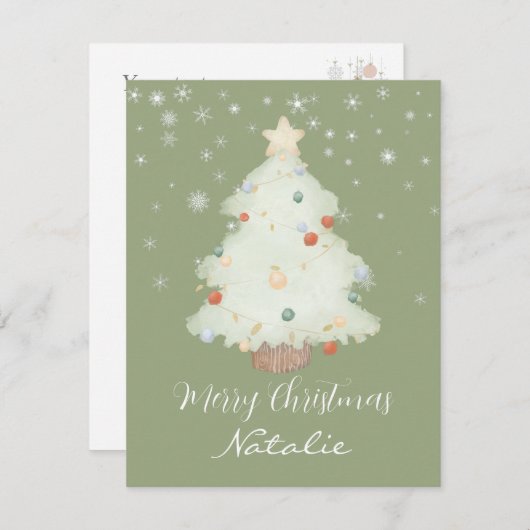 パーソナライズされたかわいいセージグリーンのクリスマスツリーの雪 ノートカード (正面/裏面)