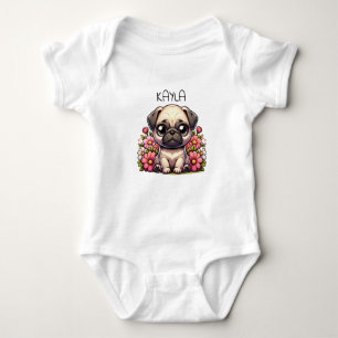 パーソナライズされたかわいいパグの子犬 ベビーボディスーツ