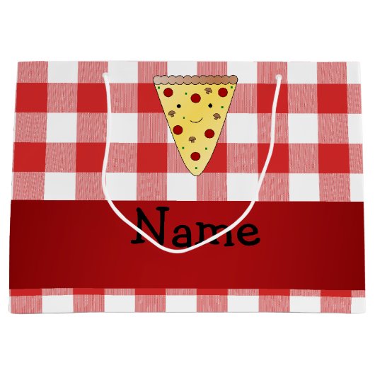 パーソナライズされたかわいいピザ赤いピザを市松模様に名付ける ラージペーパーバッグ (正面)