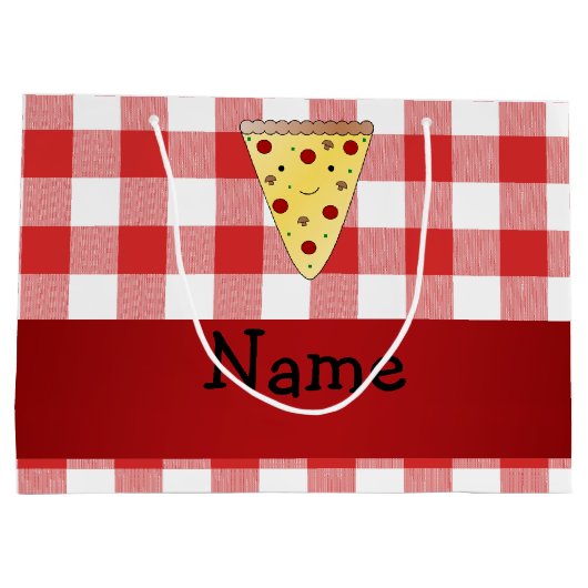パーソナライズされたかわいいピザ赤いピザを市松模様に名付ける ラージペーパーバッグ (裏面)