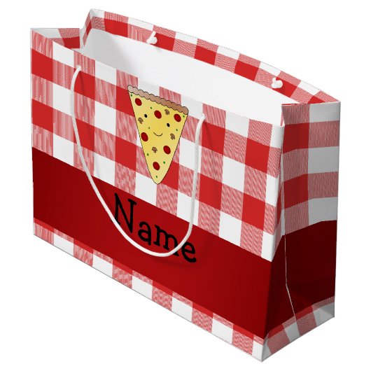 パーソナライズされたかわいいピザ赤いピザを市松模様に名付ける ラージペーパーバッグ (裏面アングル)