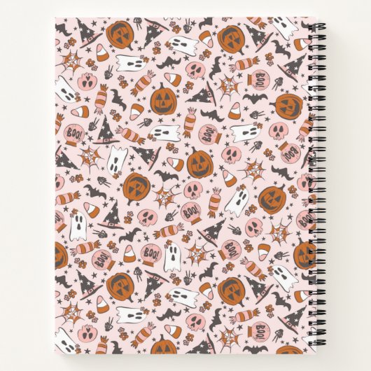 パーソナライズされたかわいいピンクのハロウィーンの幽霊とカボチャ ノートブック (裏面)