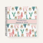 パーソナライズされたかわいいピンクのラマと緑のサボテン ノートブック (正面)