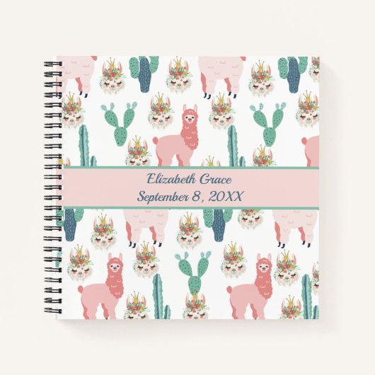 パーソナライズされたかわいいピンクのラマと緑のサボテン ノートブック (正面)