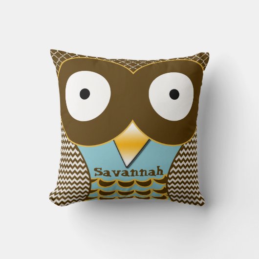パーソナライズされたかわいいフクロウ 青とオレンジ アメリカン モジョ クッション (正面)