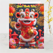 パーソナライズされたかわいい中国のライオンダンス 赤金 カード (黄色い花)
