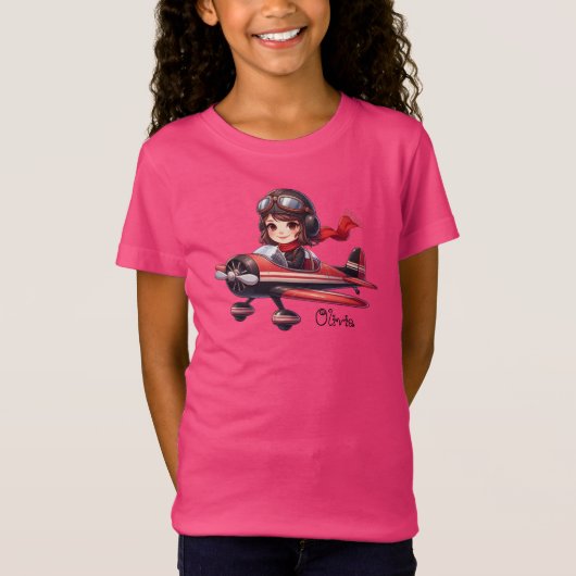 パーソナライズされたかわいい女飛んでいるの子ガーリー機 Tシャツ (正面)