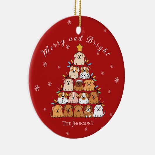 パーソナライズされたかわいい子犬クリスマスの木の犬の恋人 セラミックオーナメント (右)