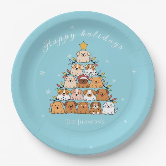 パーソナライズされたかわいい子犬クリスマスの木の犬の恋人 ペーパープレート (正面)