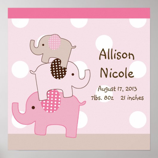 パーソナライズされたかわいい積み重ねられた象の壁アート ポスター (正面)