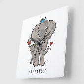 パーソナライズされたかわいい象とベビー スクエア壁時計 (傾斜)