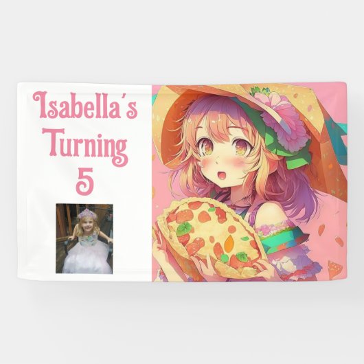パーソナライズされたかわいらしピザを持つアニメの少女 横断幕 (横)