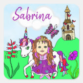 パーソナライズされたかわいらしプリンセスとユニコーン城 スクエアシール (正面)