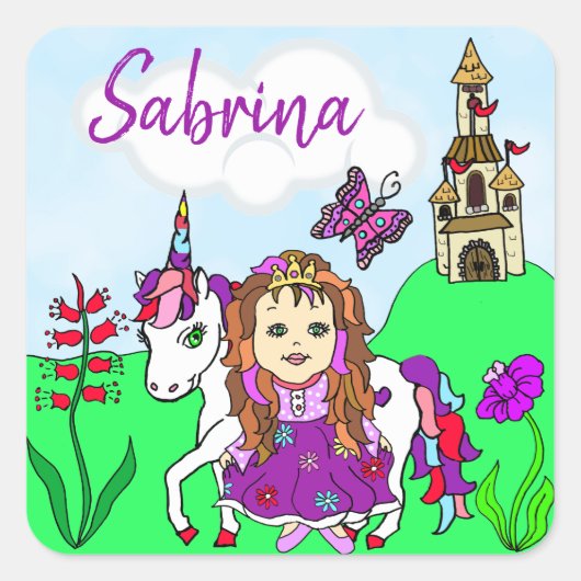 パーソナライズされたかわいらしプリンセスとユニコーン城 スクエアシール (正面)