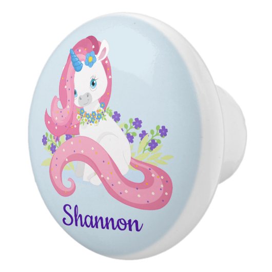 パーソナライズされたかわいらしユニコーンピンクパープルチャイルドルーム セラミックノブ (右)