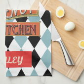 パーソナライズされたかわいらしヴィンテージタコジオメトリックブルー キッチンタオル (四つ折り)