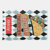 パーソナライズされたかわいらしヴィンテージタコジオメトリックブルー キッチンタオル (横)