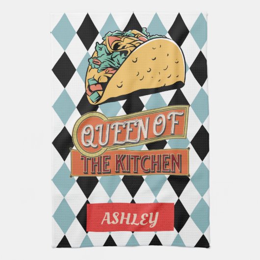 パーソナライズされたかわいらしヴィンテージタコジオメトリックブルー キッチンタオル (縦)