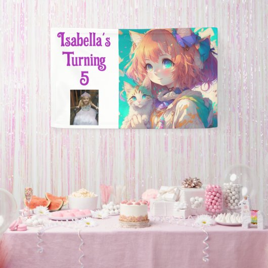 パーソナライズされたかわいらし子猫の女の子 横断幕 (パーティー)