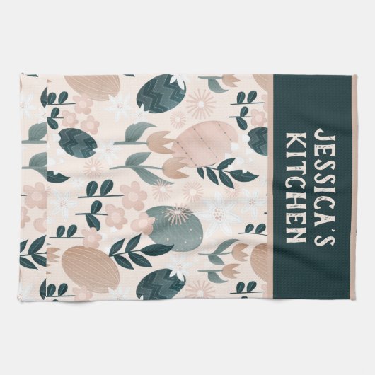 パーソナライズされたかわいらし植物復活卵パターン キッチンタオル (横)