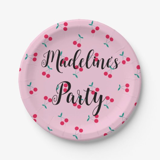 パーソナライズされたさくらんぼさくらんぼパターンピンクパーティー ペーパープレート (正面)