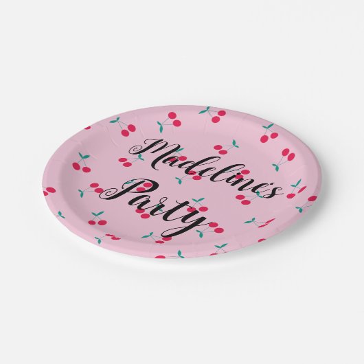 パーソナライズされたさくらんぼさくらんぼパターンピンクパーティー ペーパープレート (アングル)