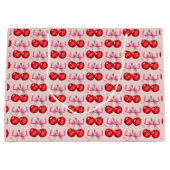 パーソナライズされたさくらんぼをテーマにしたピンクボウのアクセント ラージペーパーバッグ (正面)