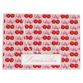 パーソナライズされたさくらんぼをテーマにしたピンクボウのアクセント ラージペーパーバッグ (裏面)