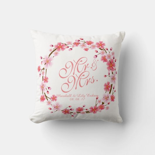 パーソナライズされたさくらんぼブロッサム結婚リース枕 クッション (正面)