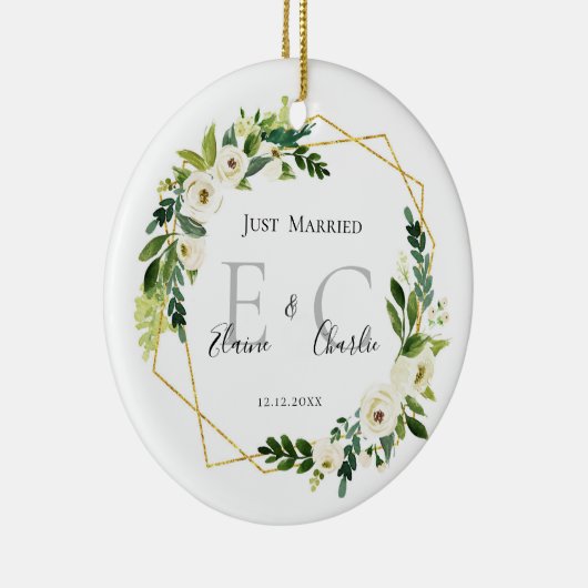パーソナライズされたたった今結婚しました名 セラミックオーナメント (右)