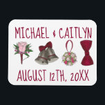 パーソナライズされたのベル結婚フラワーボウタイブーケ マグネット<br><div class="desc">マグネットデザインは、ベル、ボウタイ、フラワーブーケ結婚、ブーツニエールなど、クラシックのデザインの列のオリジナルイラストレーションを備えている。情報でパーソナライズする。あなたは何を探しているか正確に分からない？連絡お前の為に製品をカスタマイズ持って！</div>