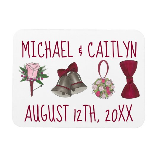 パーソナライズされたのベル結婚フラワーボウタイブーケ マグネット (横)