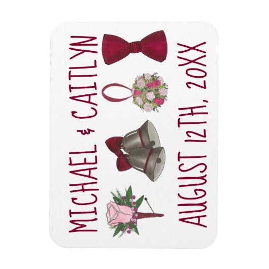 パーソナライズされたのベル結婚フラワーボウタイブーケ マグネット (縦)