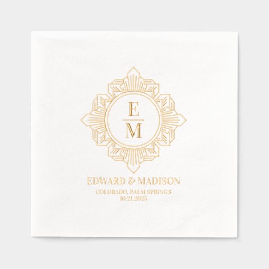 パーソナライズされたのモノグ結婚ラムアールデコ枠 箔ナプキン (正面)
