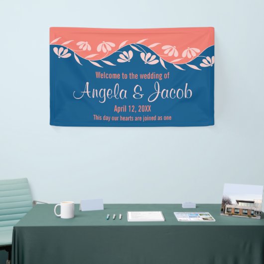 パーソナライズされたの結婚バナーコーラルブルーフローラ 横断幕 (トレードショー)