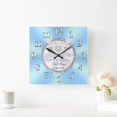 パーソナライズされたの結婚贈り物のアイディアが青結婚の時計 スクエア壁時計 (ホーム)