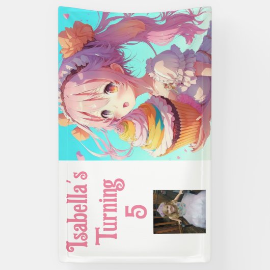 パーソナライズされたアかわいらしニメ女子ピンクとブルー 横断幕 (縦)