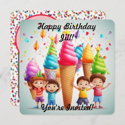 パーソナライズされたアイスクリームコーンの招待状 招待状 (正面/裏面)