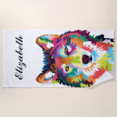 パーソナライズされたアカラフルートウルフ ビーチタオル (正面)