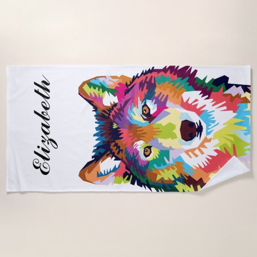 パーソナライズされたアカラフルートウルフ ビーチタオル (正面)